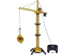 Żółty dźwig budowlany zdalnie sterowany o wysokości 128 cm, z wiszącą łyżką, hakiem i czarnym pilotem.