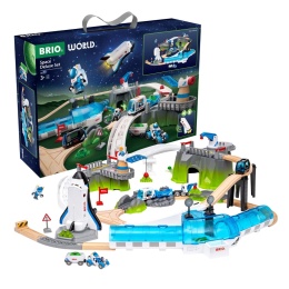 BRIO World Space Deluxe 36157 – kosmiczny zestaw kolejki drewnianej z rakietą, tunelem i pojazdami