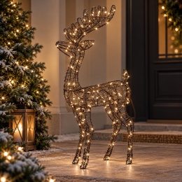 Brązowy renifer świąteczny LED o wysokości 115 cm i szerokości 60 cm, z dekoracyjnym porożem i ażurową plecionką