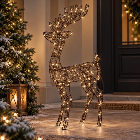 Brązowy renifer świąteczny LED o wysokości 115 cm i szerokości 60 cm, z dekoracyjnym porożem i ażurową plecionką