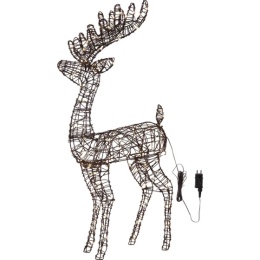 Brązowy renifer świąteczny LED o wysokości 115 cm i szerokości 60 cm, z dekoracyjnym porożem, wykonany ze sztucznego rattanu na metalowym stelażu, ozdobiony drobnymi białymi światełkami LED