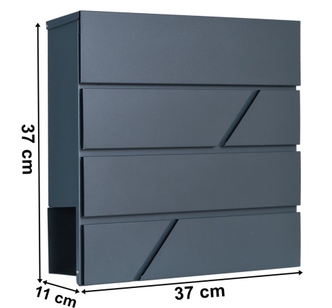 Skrzynka pocztowa TOVE antracytowa – wymiary 37 × 37 × 11 cm, metalowa konstrukcja z miejscem na gazety.