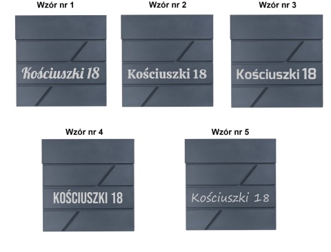 Pięć wzorów personalizowanego napisu adresowego na antracytowej skrzynce pocztowej TOVE – różne style czcionek do wyboru.