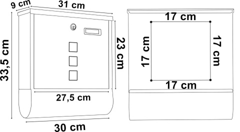 Schemat wymiarów skrzynki pocztowej HANS – szerokość 31 cm, wysokość 33,5 cm i głębokość 9 cm.