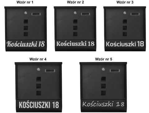Pięć wzorów czcionek do personalizacji czarnej skrzynki na listy HANS z napisem Kościuszki 18.