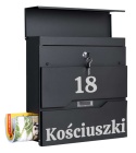 Czarna skrzynka na listy VIDAR z personalizowanym napisem, numerem domu i gazetnikiem.