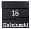 Czarna skrzynka na listy VIDAR z numerem 18 i personalizowanym napisem Kościuszki.