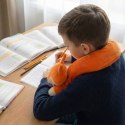 Chłopiec odrabiający lekcje przy biurku z pomarańczową poduszką podróżną w kształcie liska na szyi
