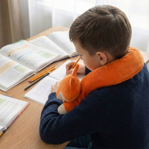 Chłopiec odrabiający lekcje przy biurku z pomarańczową poduszką podróżną w kształcie liska na szyi