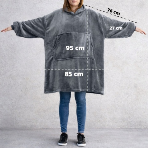 Szara bluza koc oversize 95x85 cm – luźny krój, szerokie rękawy i rozmiar uniwersalny zapewniają maksymalny komfort i ciepło