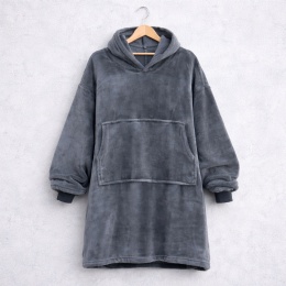 Szara bluza koc oversize z kapturem – miękka, ciepła i wygodna bluza domowa z dużą kieszenią, idealna na jesień i zimę