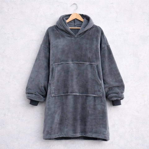 Szara bluza koc oversize z kapturem – miękka, ciepła i wygodna bluza domowa z dużą kieszenią, idealna na jesień i zimę