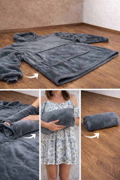 Szara bluza koc 2w1 – ciepła bluza oversize, którą w kilka sekund złożysz w wygodną poduszkę, idealna do domu i podróży